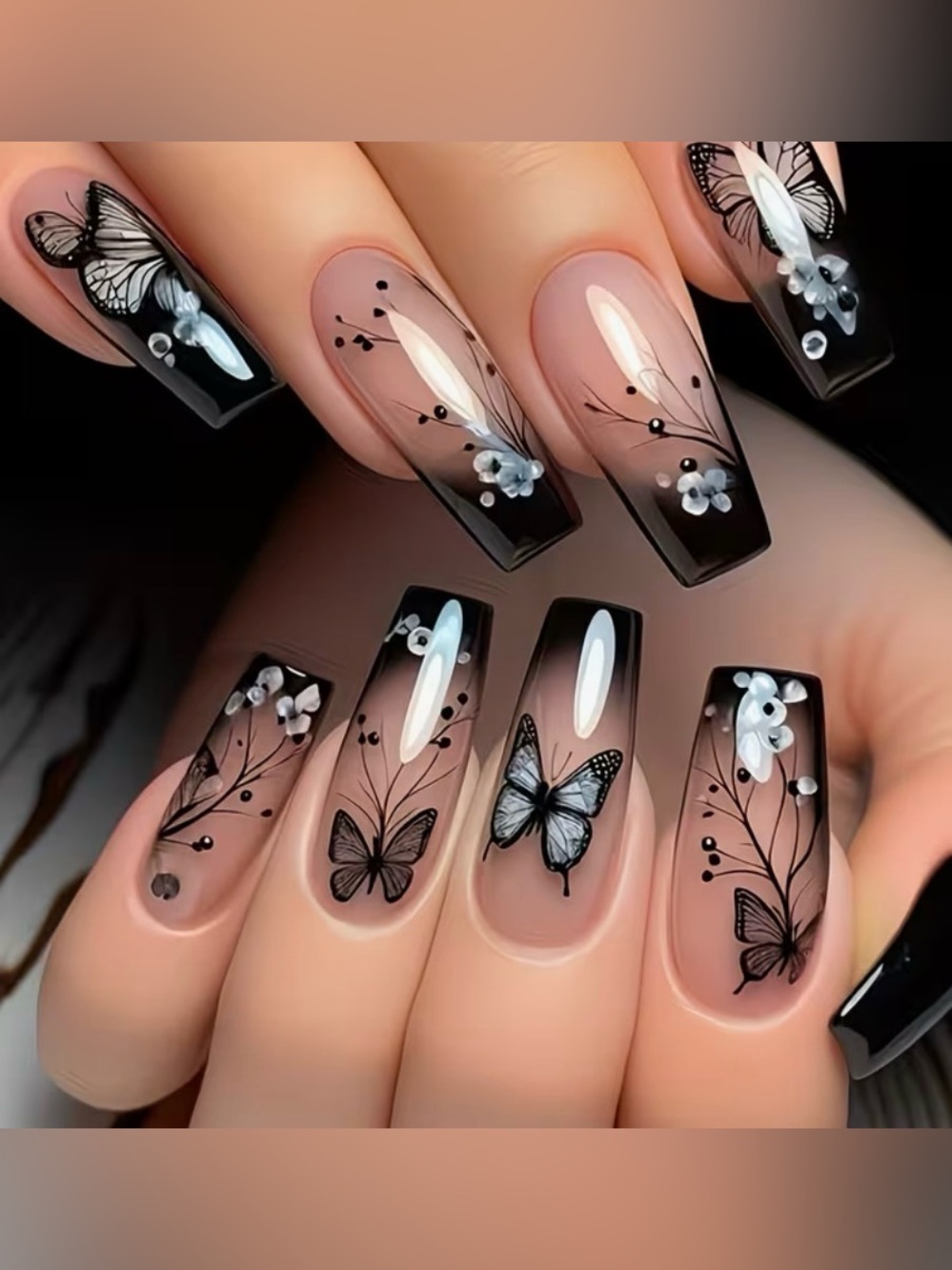 💥3/$15💥 Black Ombre Butterfly Floral Press-On Nails